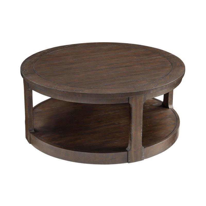 Kahverengi Masif Çam Tekerlekli ve Raflı Eskitme Tasarım Yuvarlak Orta Sehpa - 102x45 cm - 241375