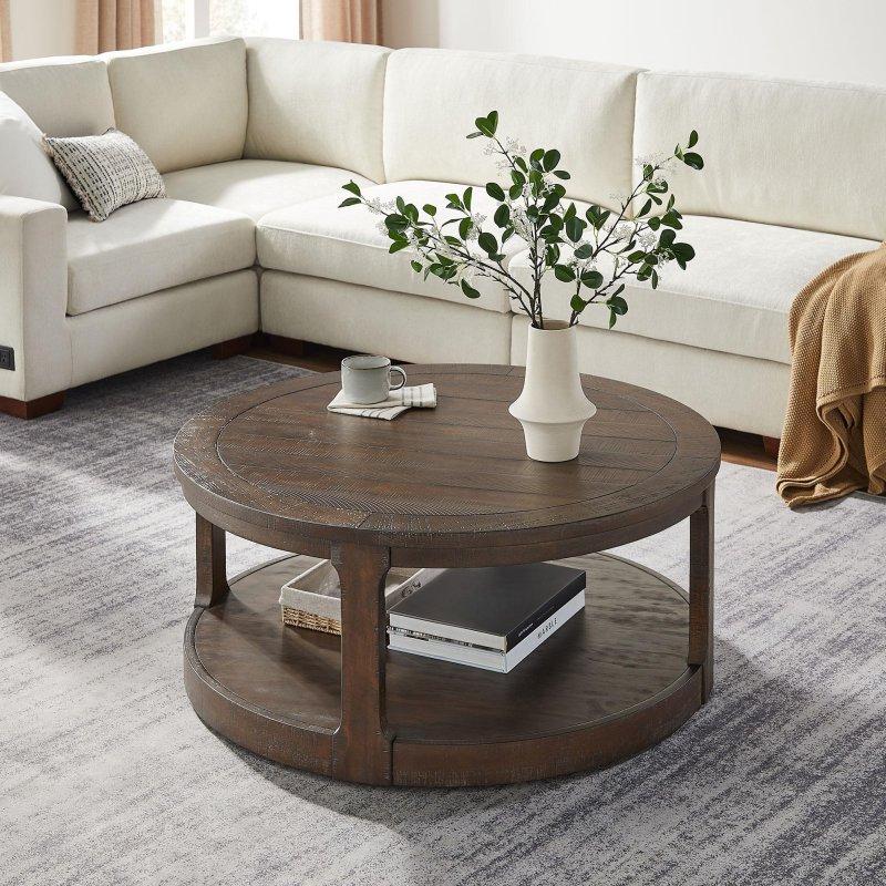 Kahverengi Masif Çam ve MDF İki Katlı Rustik Yuvarlak Orta Sehpa - 102 cm - 241809