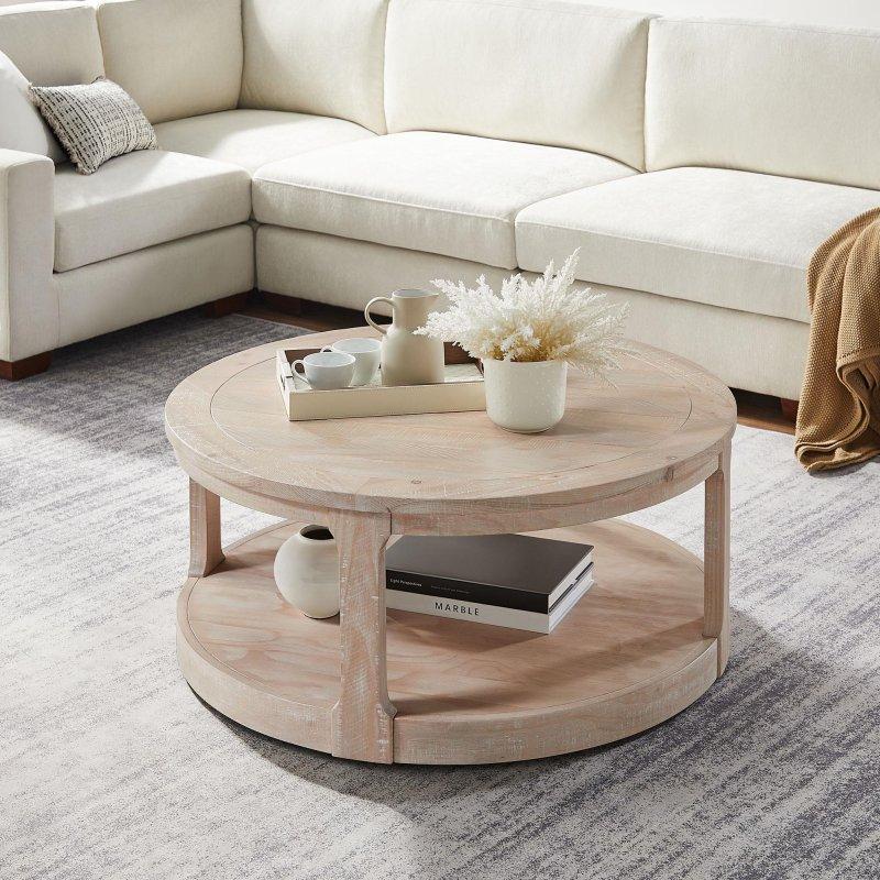 Kahverengi Masif Çam ve MDF İki Katlı Rustik Yuvarlak Orta Sehpa - 102 cm - 241809