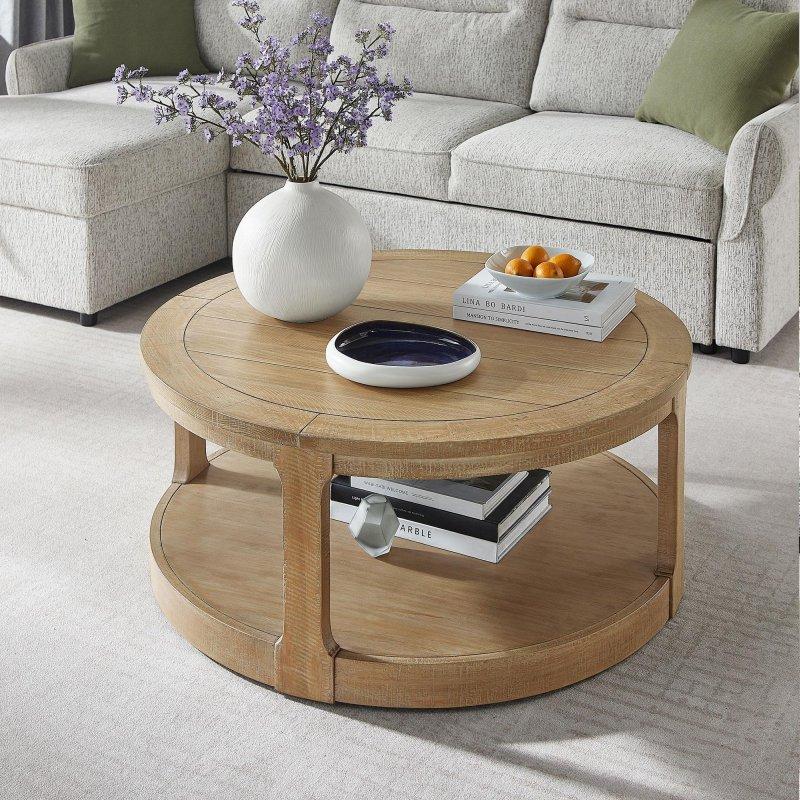 Kahverengi Masif Çam ve MDF İki Katlı Rustik Yuvarlak Orta Sehpa - 102 cm - 241809