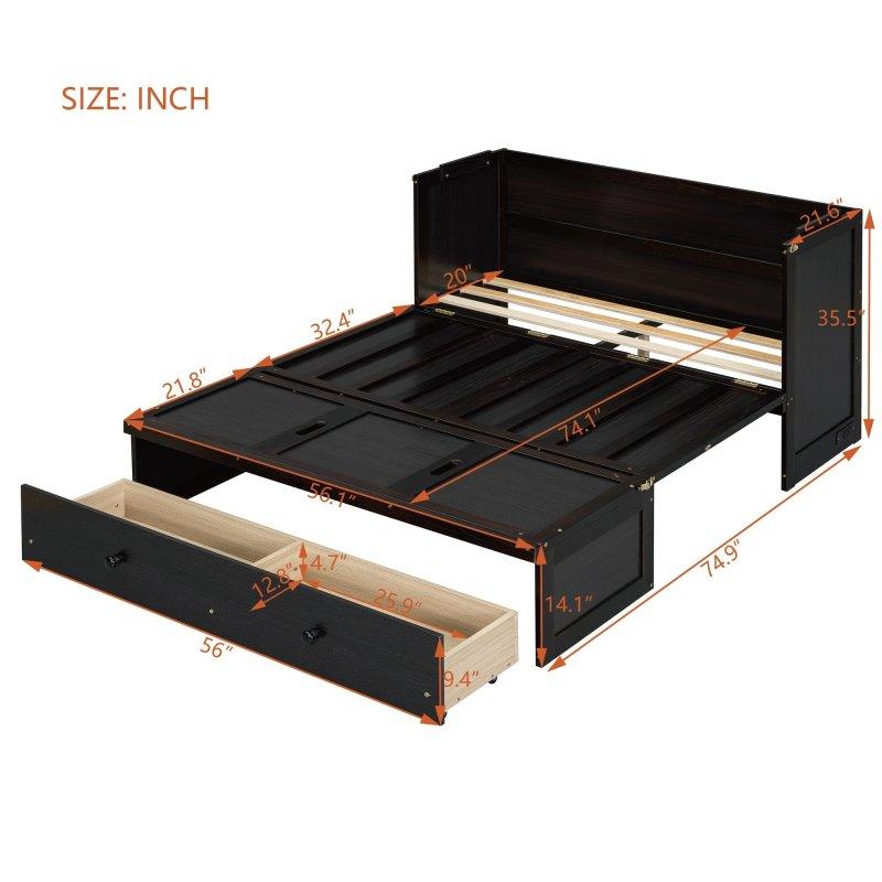 Kahverengi Masif Çam ve MDF USB Portlu Çekmeceli Duvar Yatağı - 143 cm - 266847