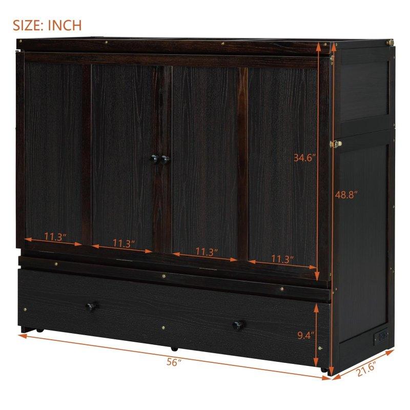 Kahverengi Masif Çam ve MDF USB Portlu Çekmeceli Duvar Yatağı - 143 cm - 266847
