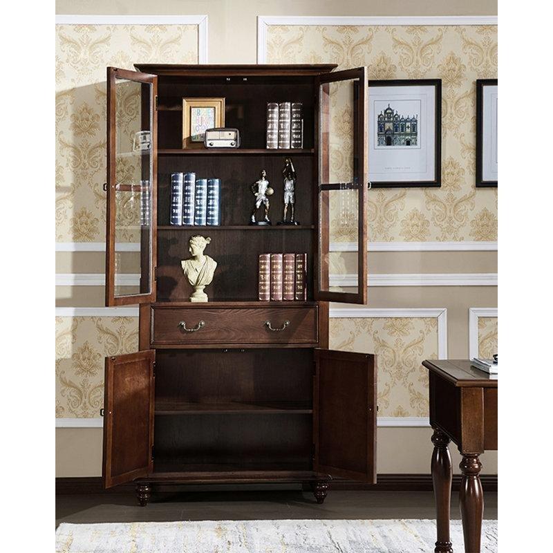 Kahverengi Masif Dişbudak Ağacı Çekmeceli Ayarlanabilir Raflı Cam Kapaklı Kitaplık - 100x41x211 cm - 238295