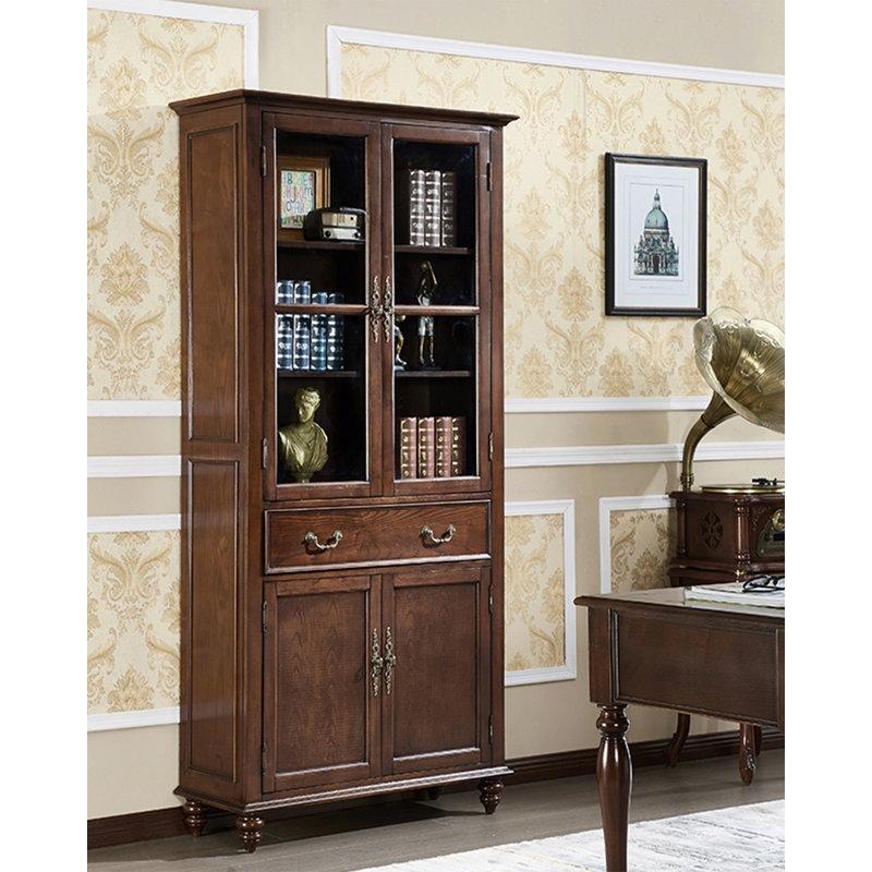 Kahverengi Masif Dişbudak Ağacı Çekmeceli Ayarlanabilir Raflı Cam Kapaklı Kitaplık - 100x41x211 cm - 238295
