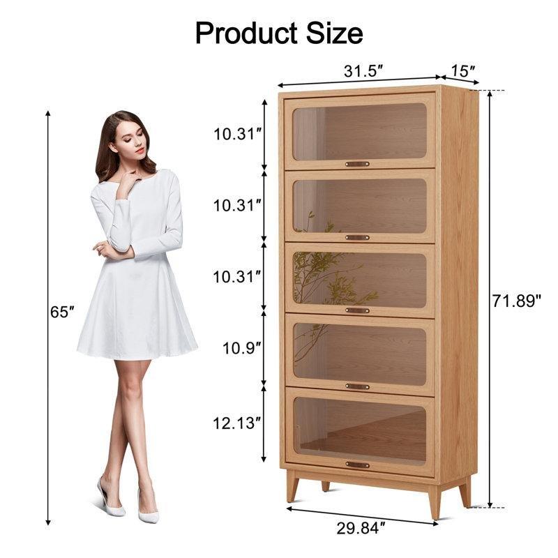 Kahverengi Masif Kauçuk Ağacı Deri Kulplu 5 Raflı Cam Kapaklı Kitaplık - 183x74x36 cm - 238749