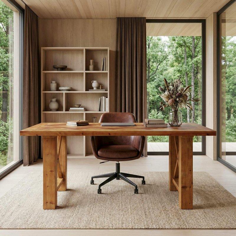 Kahverengi Masif Köknar Balıksırtı Desenli Çapraz Destekli Ofis Masası - 161x81 cm - 326696