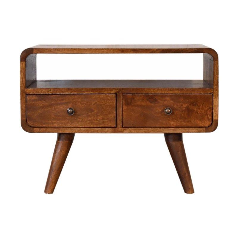 Kahverengi Masif Mango Ağacı 2 Çekmeceli Kavisli İskandinav Tasarım Kitaplık - 60x45 cm - 315679