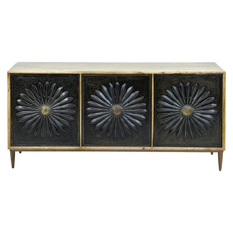 Kahverengi Masif Mango Ağacı Çiçek Desenli 3 Kapaklı Ayarlanabilir Raflı Bohem Konsol - 176x87x41 cm - 325478
