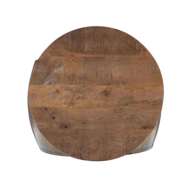 Kahverengi Masif Mango Ağacı Kapaklı Dövme Metal Saklama Alanlı Yuvarlak Orta Sehpa - 70x47 cm - 245360