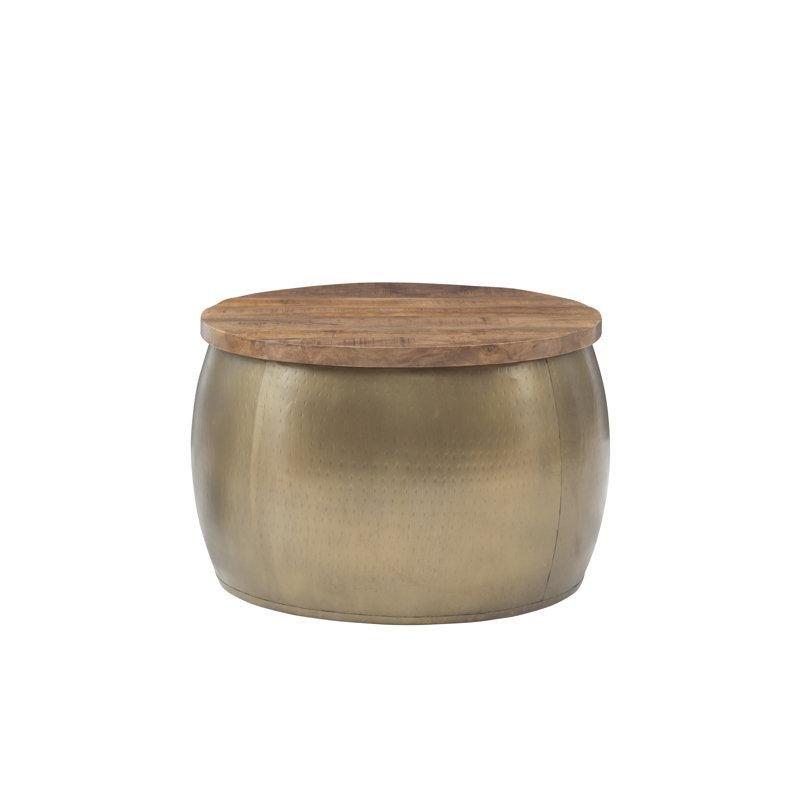 Kahverengi Masif Mango Ağacı Kapaklı Dövme Metal Saklama Alanlı Yuvarlak Orta Sehpa - 70x47 cm - 245360