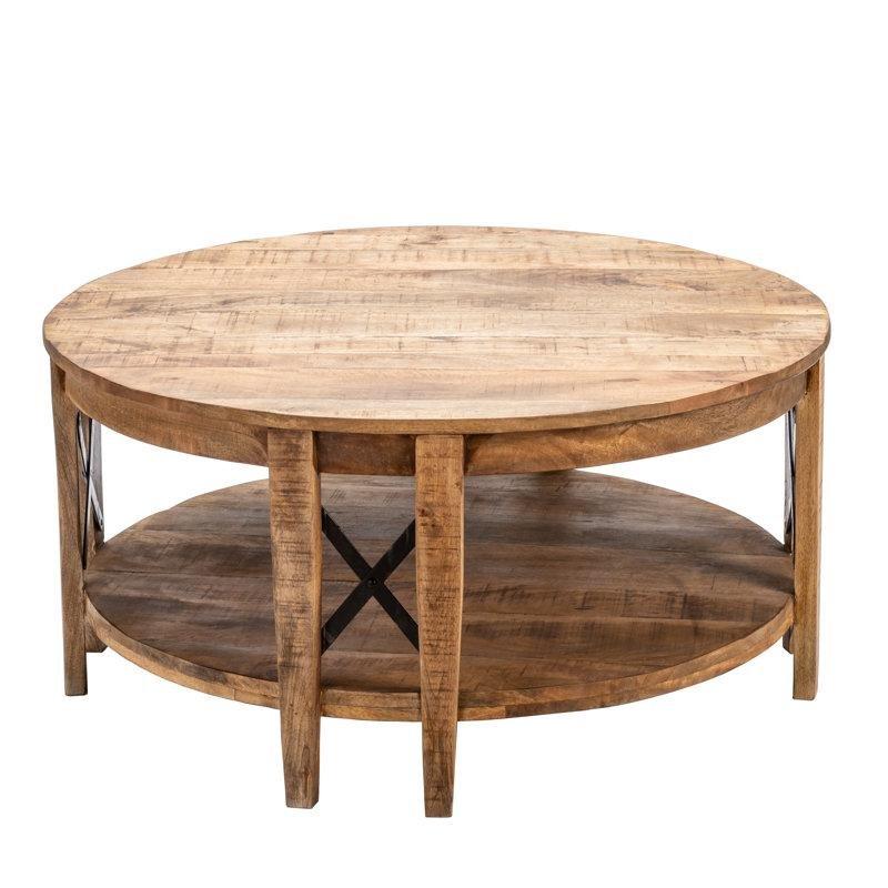 Kahverengi Masif Mango Ağacı Raflı Metal Destekli Yuvarlak Orta Sehpa - 97 cm - 244614