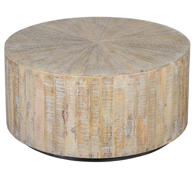 Kahverengi Masif Mango Ahşap Güneş Işığı Desenli Tambur Tasarım Yuvarlak Orta Sehpa - 97x49 cm - 245520
