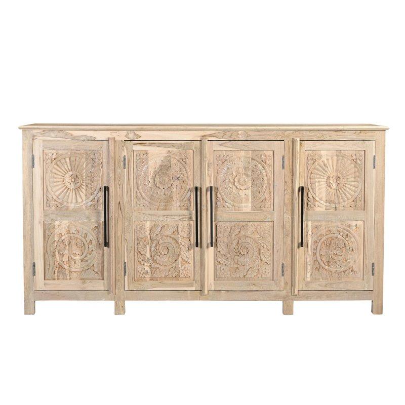 Kahverengi Masif Tik Ağacı 4 Kapaklı Çiçek Oymalı Bohem Konsol - 188x46x97 cm - 325426