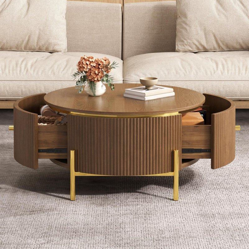 Kahverengi MDF 2 Çekmeceli Metal Ayaklı Yuvarlak Orta Sehpa - 81 cm - 242739