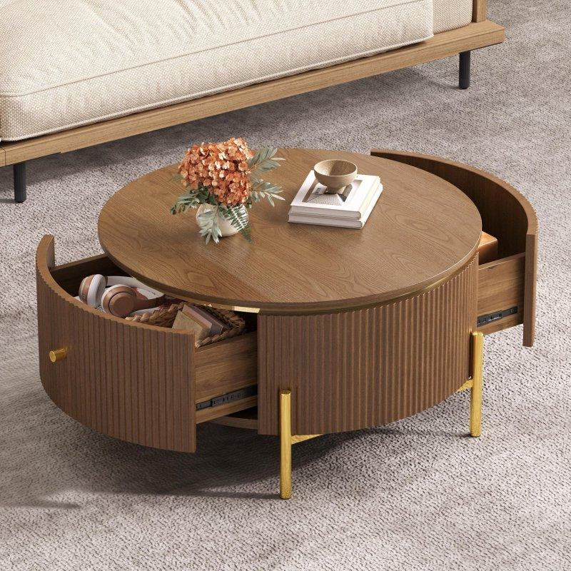 Kahverengi MDF 2 Çekmeceli Metal Ayaklı Yuvarlak Orta Sehpa - 81 cm - 242739