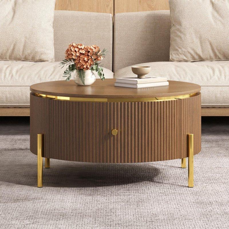 Kahverengi MDF 2 Çekmeceli Metal Ayaklı Yuvarlak Orta Sehpa - 81 cm - 242739