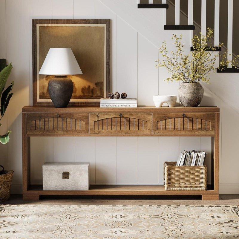 Kahverengi MDF 3 Çekmeceli Açık Raflı Country Tarzı Dresuar - 181 cm - 331673