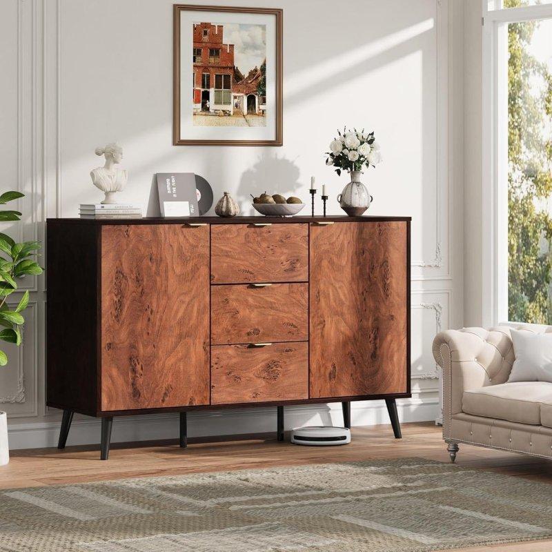 Kahverengi MDF 3 Çekmeceli Ağaç Uru Dokulu Açık Raflı Şifonyer - 131x89x40 cm - 310413