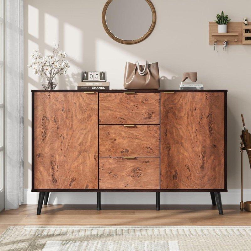 Kahverengi MDF 3 Çekmeceli Ağaç Uru Dokulu Açık Raflı Şifonyer - 131x89x40 cm - 310413
