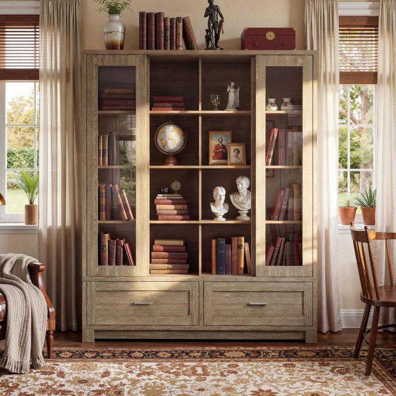 Kahverengi MDF 4 Kapaklı 2 Çekmeceli Rustik Cam Kapaklı Kitaplık - 161x188 cm - 239071