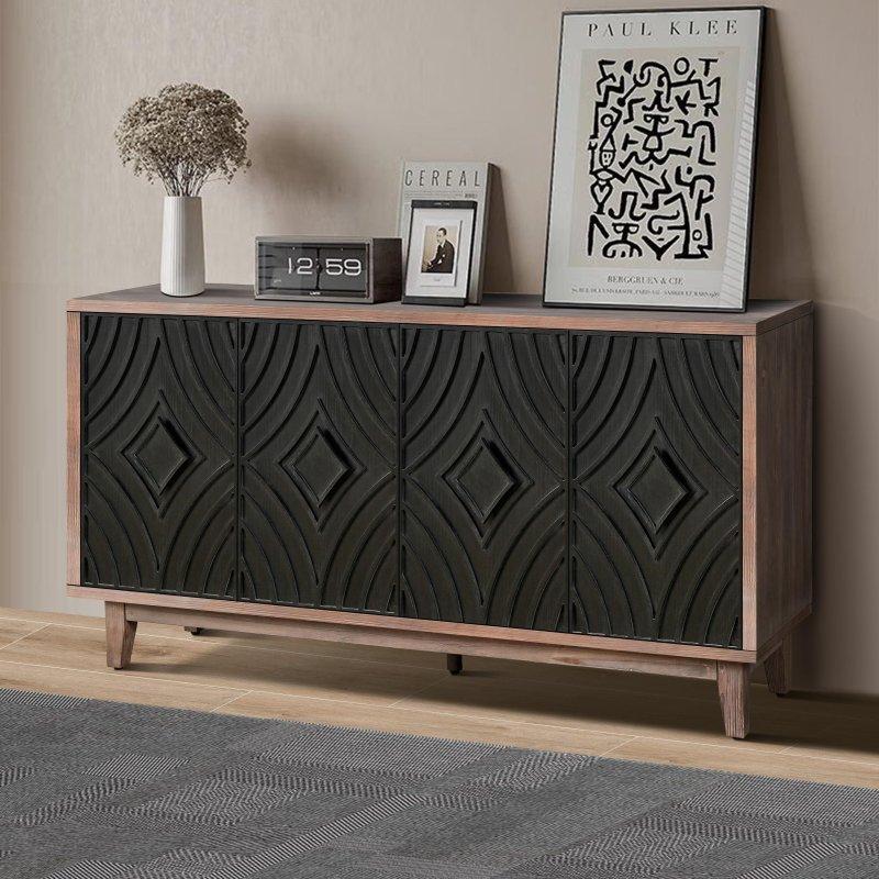 Kahverengi MDF 4 Kapaklı Desenli Masif Ahşap Ayaklı Bohem Konsol - 153 cm - 324886