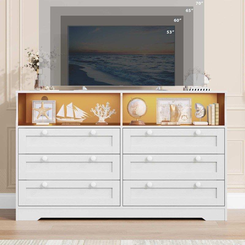 Kahverengi MDF 6 Çekmeceli LED Aydınlatmalı ve Prizli Modern Şifonyer TV Sehpası - 140 cm - 300693