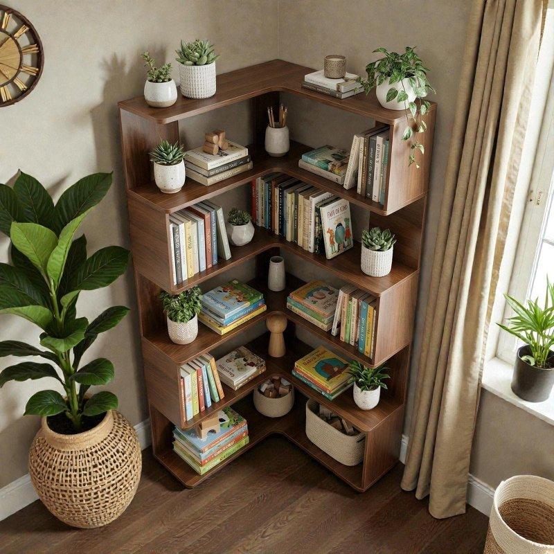 Kahverengi MDF 6 Raflı L Şeklinde Yan Korumalı Köşe Kitaplık - 169 cm - 315228