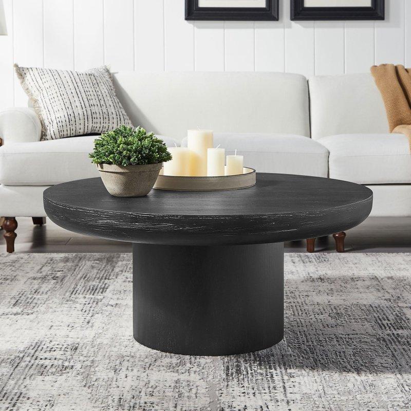 Kahverengi MDF Ahşap Kaplama Silindirik Kaide Ayaklı Yuvarlak Orta Sehpa - 92 cm - 239579