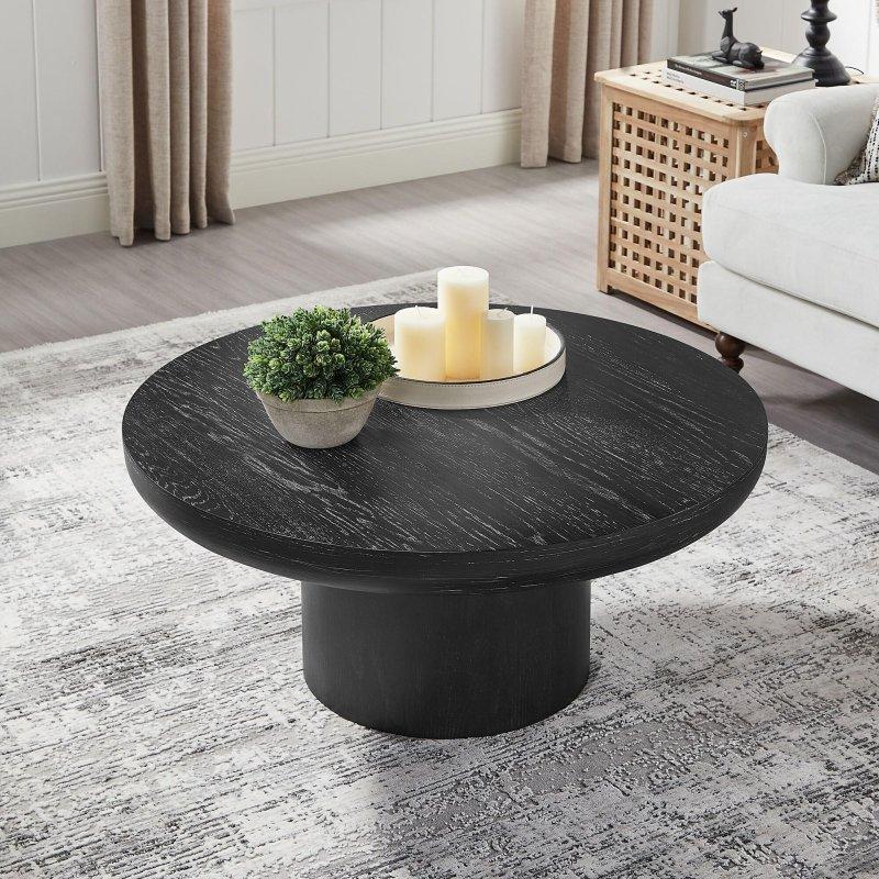 Kahverengi MDF Ahşap Kaplama Silindirik Kaide Ayaklı Yuvarlak Orta Sehpa - 92 cm - 239579