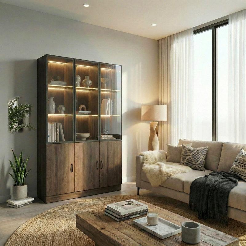 Kahverengi MDF Alüminyum İskeletli 3 Renkli LED Aydınlatmalı Cam Kapaklı Kitaplık - 120x40x200 cm - 238582