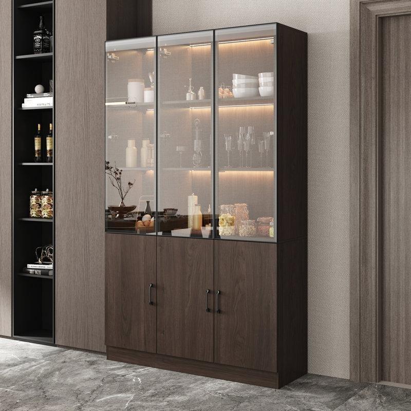 Kahverengi MDF Alüminyum İskeletli 3 Renkli LED Aydınlatmalı Cam Kapaklı Kitaplık - 120x40x200 cm - 238582