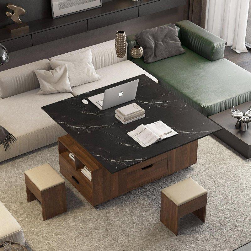 Kahverengi MDF Asansörlü Genişletilebilir 2 Tabureli Akıllı Sehpa - 116x60x48 cm - 254132