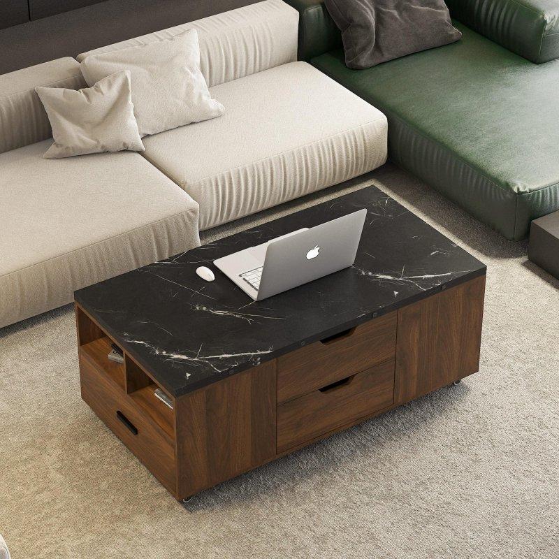 Kahverengi MDF Asansörlü Genişletilebilir 2 Tabureli Akıllı Sehpa - 116x60x48 cm - 254132