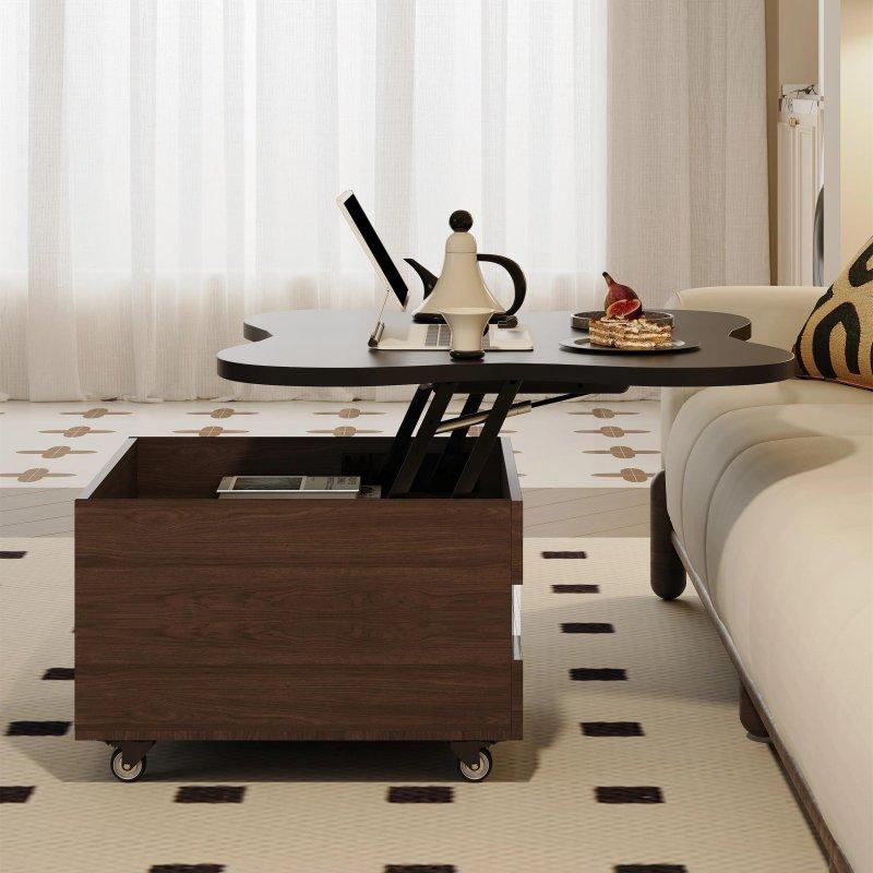 Kahverengi MDF Asansörlü Tekerlekli Gizli Bölmeli Akıllı Sehpa - 80x80 cm - 254649