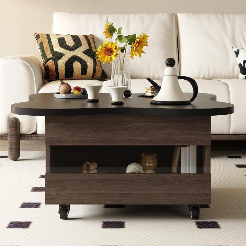 Kahverengi MDF Asansörlü Tekerlekli Gizli Bölmeli Akıllı Sehpa - 80x80 cm - 254649