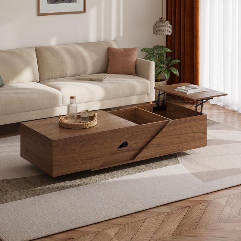 Kahverengi MDF Asansörlü ve Kayar Tablalı Bölmeli Sandık Tipi Akıllı Sehpa - 254816