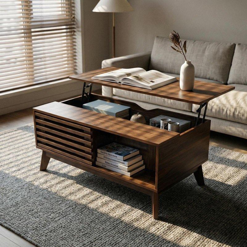 Kahverengi MDF Asansörlü ve Panjur Kapaklı Akıllı Sehpa - 90x55 cm - 254574