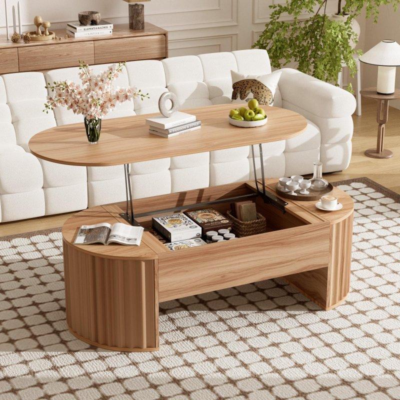 Kahverengi MDF Aynalı ve Gizli Bölmeli Oval Akıllı Sehpa - 253897