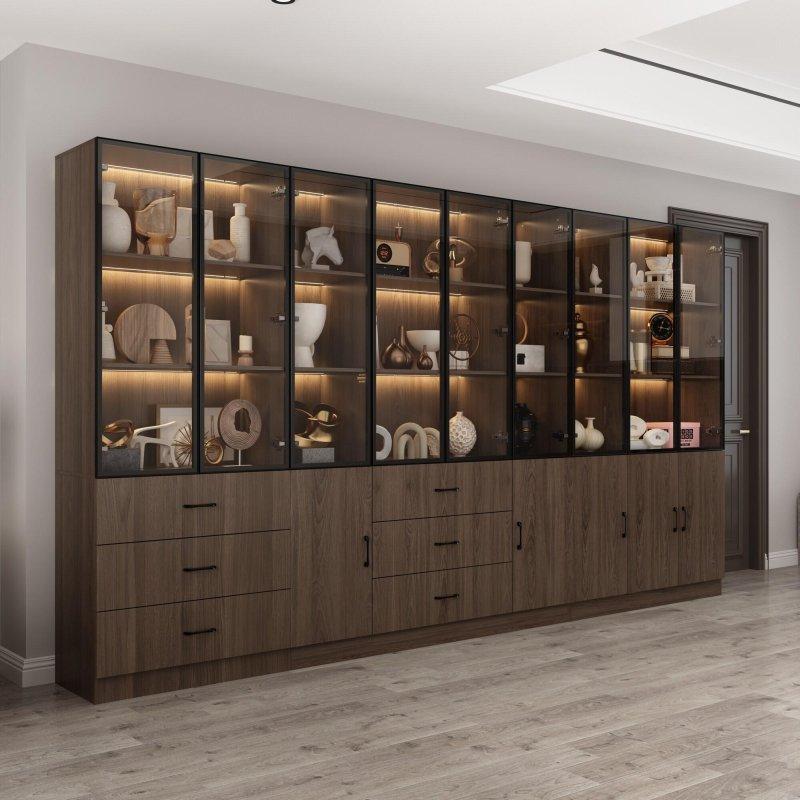 Kahverengi MDF Cam Kapaklı Çekmeceli Kitaplık - 120x200x40 cm - 319619