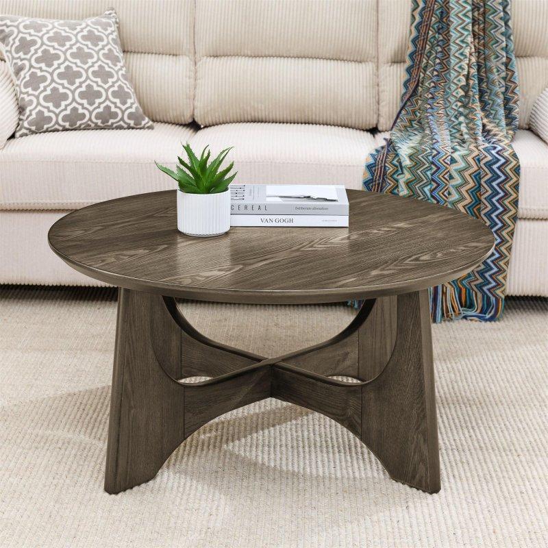 Kahverengi MDF Çapraz Ayaklı Ayarlanabilir Pabuçlu Yuvarlak Orta Sehpa - 92 cm - 242264