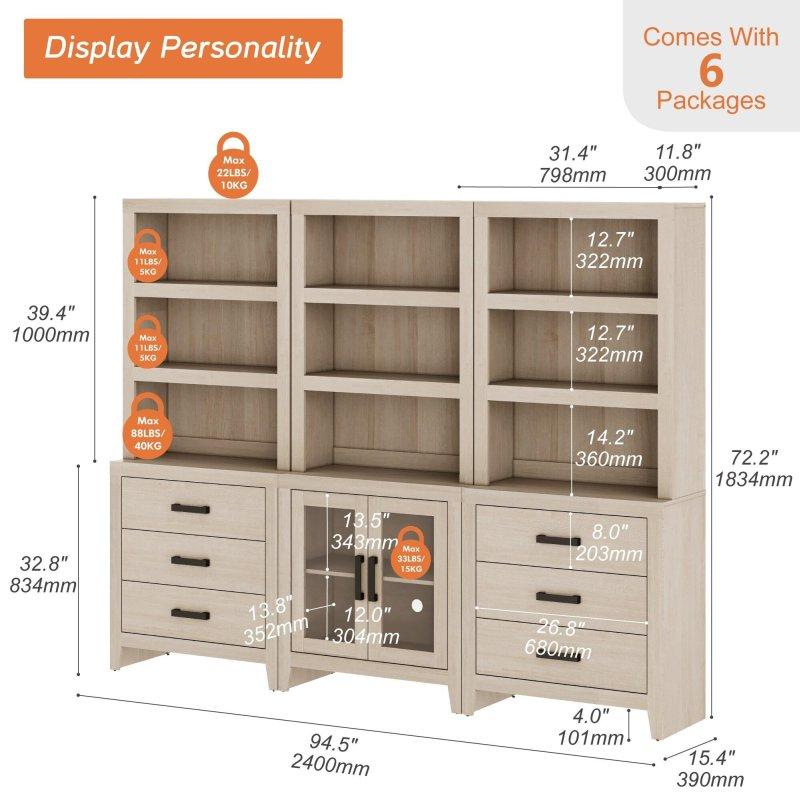 Kahverengi MDF Çekmeceli 3 Katlı Cam Kapaklı Kitaplık - 237x39x188 cm - 239475