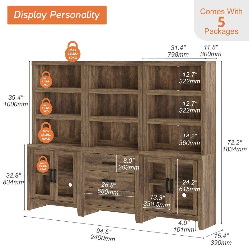 Kahverengi MDF Çekmeceli ve Ayarlanabilir Raflı Cam Kapaklı Kitaplık - 188 cm - 239082