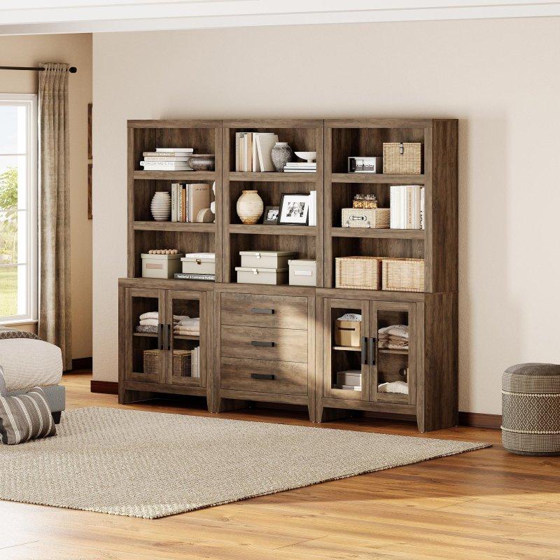 Kahverengi MDF Çekmeceli ve Ayarlanabilir Raflı Cam Kapaklı Kitaplık - 188 cm - 239082