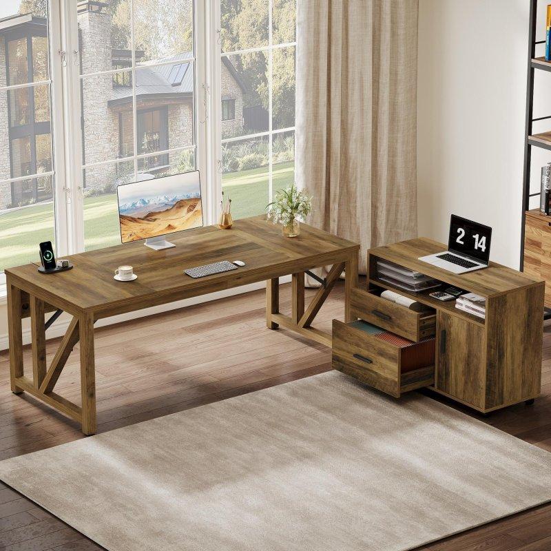 Kahverengi MDF Çekmeceli ve Raflı 2 Parçalı L Tipi Ofis Masası - 325893