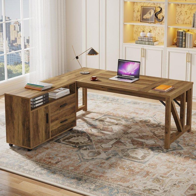 Kahverengi MDF Çekmeceli ve Raflı 2 Parçalı L Tipi Ofis Masası - 325893