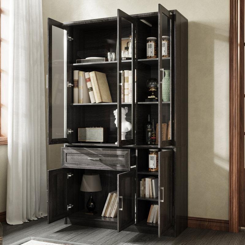 Kahverengi MDF Çekmeceli ve Raflı Cam Kapaklı Kitaplık - 203x118x40 cm - 238692