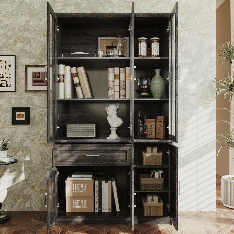 Kahverengi MDF Çekmeceli ve Raflı Cam Kapaklı Kitaplık - 203x118x40 cm - 238692