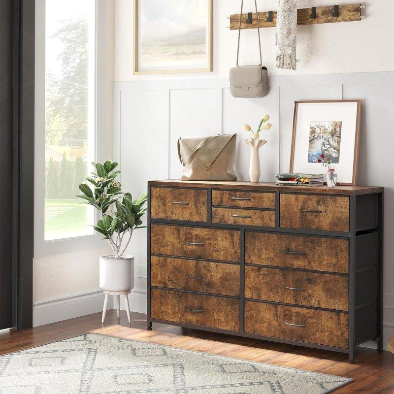 Kahverengi MDF Çelik İskeletli 10 Çekmeceli TV Sehpası Uyumlu Şifonyer - 115x35x80 cm - 306162