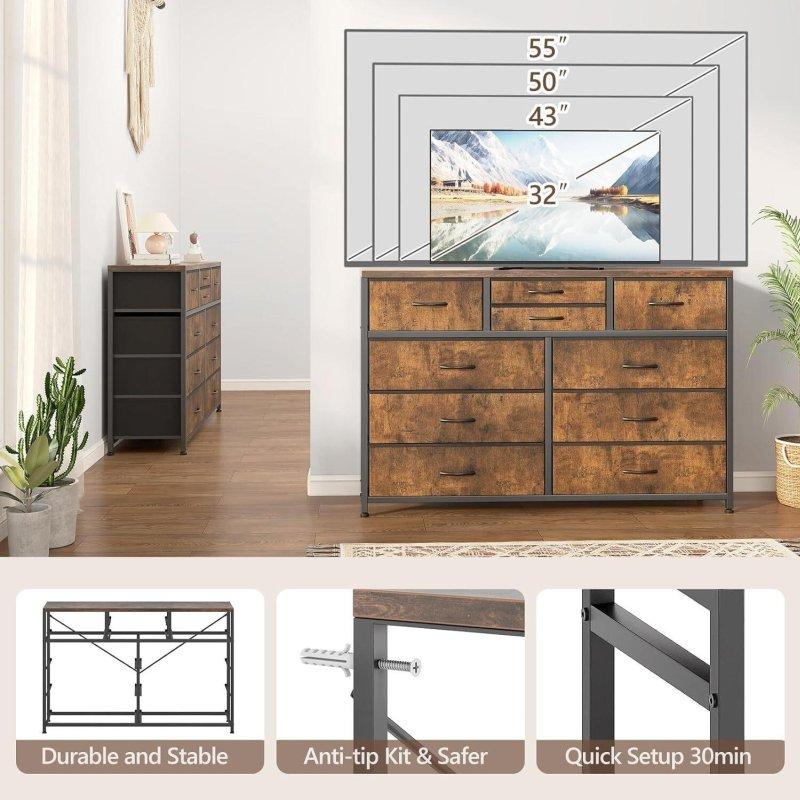 Kahverengi MDF Çelik İskeletli 10 Çekmeceli TV Sehpası Uyumlu Şifonyer - 115x35x80 cm - 306162