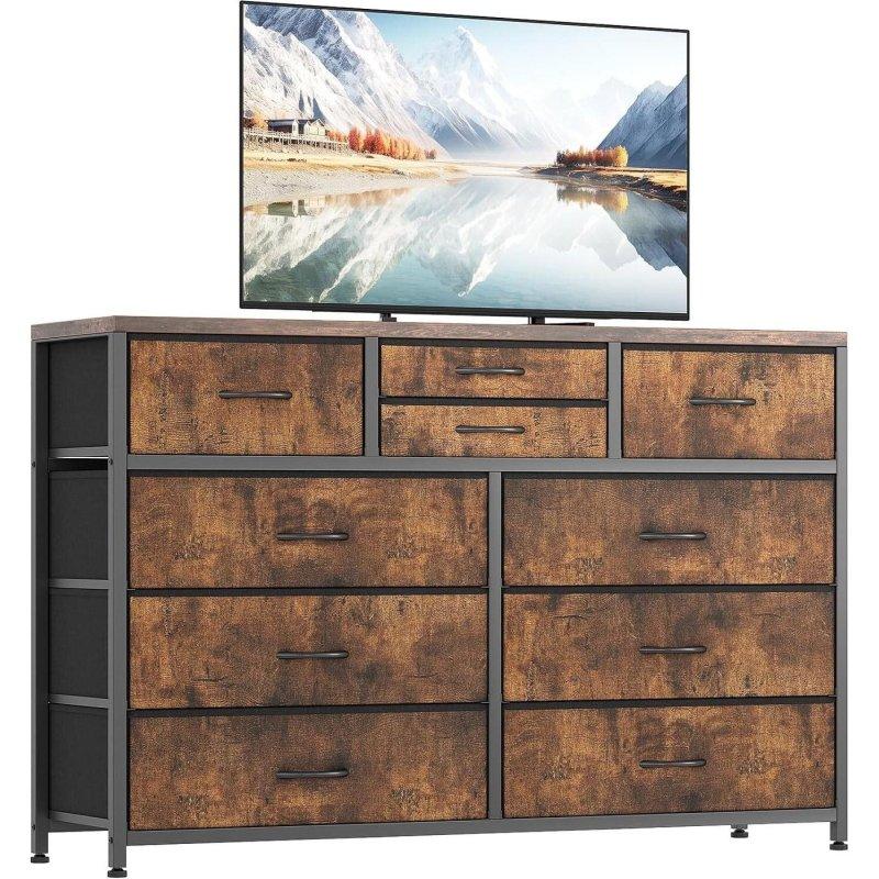 Kahverengi MDF Çelik İskeletli 10 Çekmeceli TV Sehpası Uyumlu Şifonyer - 115x35x80 cm - 306162
